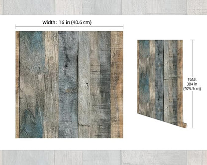 FLFK 16" x 384" Wallpaper Peel and Stick Blue-Gray Wood Contact Paper - Image 2