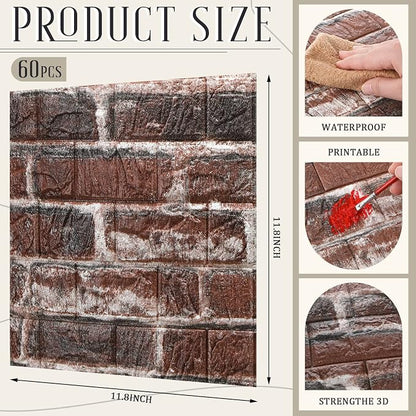 Colarr 60 Pcs 58 Sq ft 3D Wall Panels Peel and Stick Faux Foam 3D Brick - Image 2