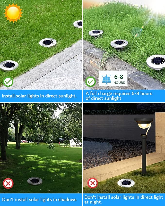 Biling Solar Outdoor Lights 12 Packs, Bright 12 LEDs Solar Ground Lights Waterproof, Flat Pathway Lights Solar Powered for Yard Walkway Garden Driveway (Warm White)