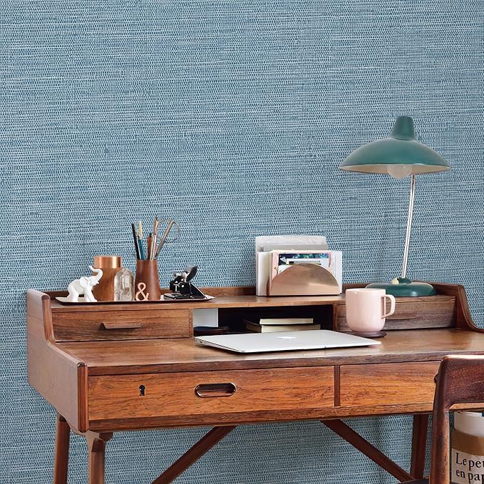 JiffDiff Grasscloth Wallpaper Peel and Stick Blue Grassweave Stick on Wallpaper - Image 4