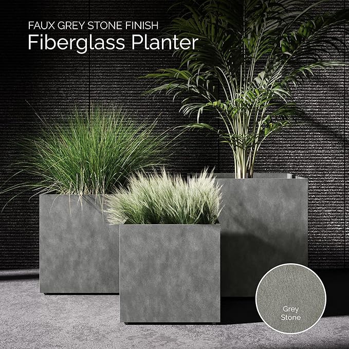 Reglito Cube Planter – Fiberglass Indoor/Outdoor and Weather-Resistant Large Planter (Grey Stone, 35.4" L x 35.4" W x 36" H)