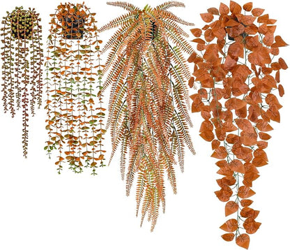 Der Rose 4Pcs Fake Fall Plants Hanging Orange Artificial Eucalyptus Plants by DerRose