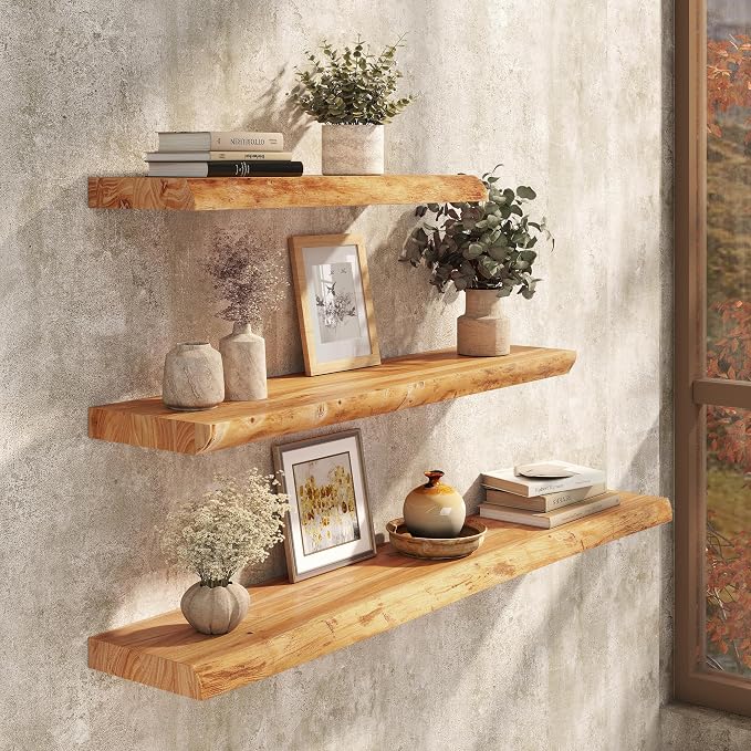 Floating Shelves Set of 2, Solid Elm Wood Wall Shelves 32 Inch - Image 2