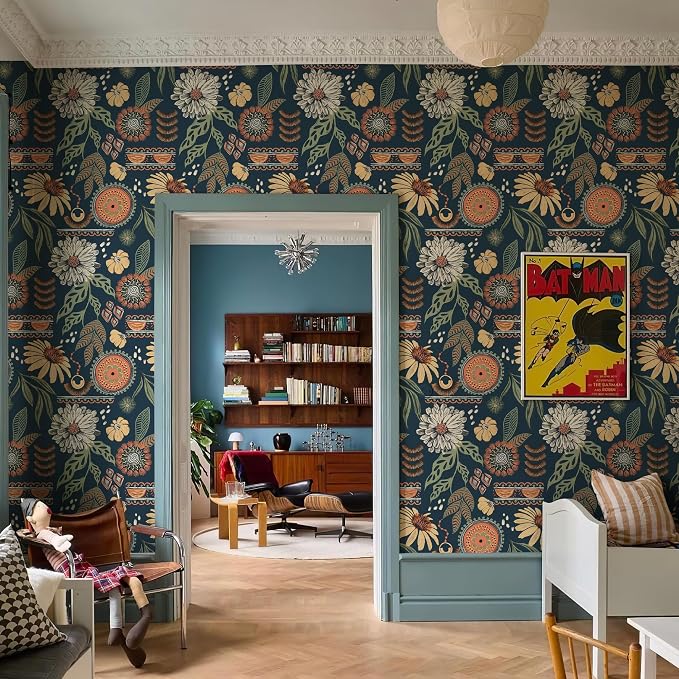 Simon&Siff Boho Peel and Stick Wallpaper, 17.3" x 80" Blue Sun Floral Retro - Image 4