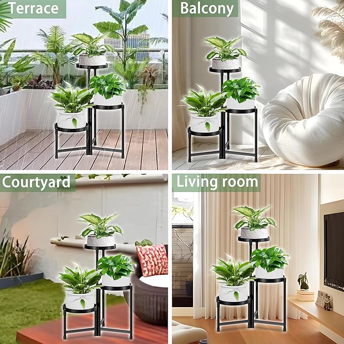 Plant Stand indoor outdoor - 3 Tier black Tall Metal Flower Pot Holder Potted Display Rack - Heavy Duty Corner Plant Shelf for Patio Garden Balcony Living Room Bedroom