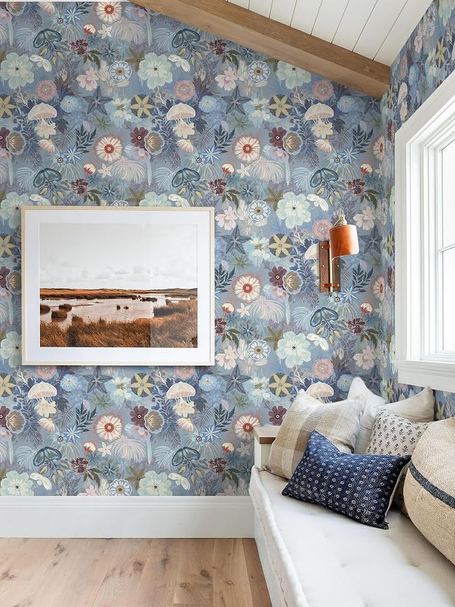Ismoon Floral Peel and Stick Wallpaper Vintage Blue Contact Paper Jellyfish - Image 9