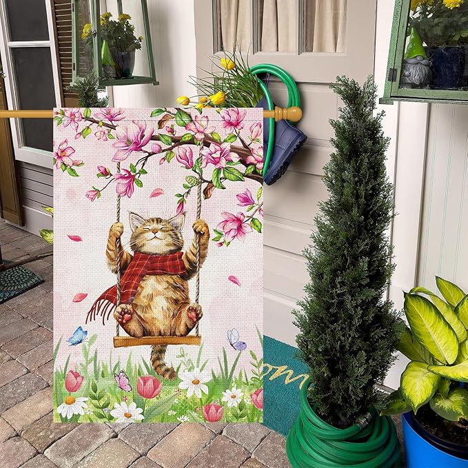 Heyfibro Spring Cute Cat Welcome Garden Flag 28x40 Inch Double Sided Burlap, Summer Magnolia Butterfly Flower Floral Yard Banner for Seasonal Holiday Farmhouse Outdoor Decor(ONLY FLAG)