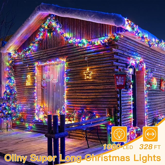 Ollny Christmas Lights Outdoor Waterproof, 1000LED 328FT Super Long String Lights with Remote 3 Timer, Plug in 8 Modes Fairy Light for Outside House Bedroom Xmas Decorations, Multicolor
