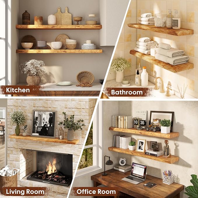 Floating Shelves Set of 2, Solid Elm Wood Wall Shelves 32 Inch - Image 5