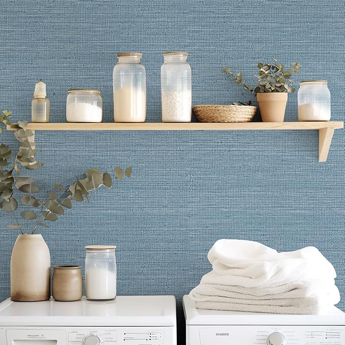 JiffDiff Grasscloth Wallpaper Peel and Stick Blue Grassweave Stick on Wallpaper - Image 5