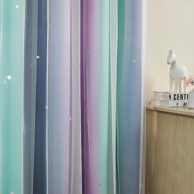 XiDi Curtains for Bedroom Decor, Rainbow Purplgreen grey52/96 - Image 3