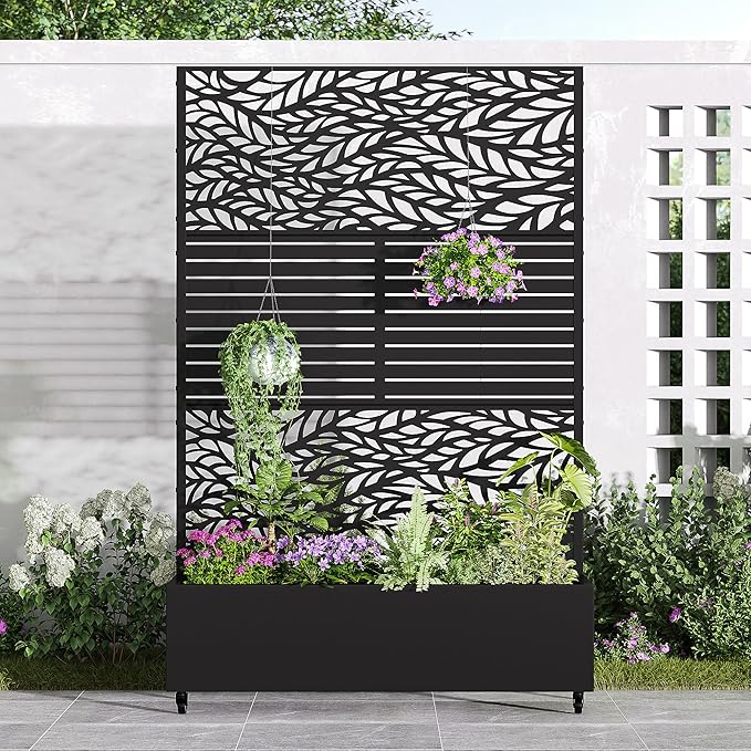 Casaphoria Metal Raised Garden Bed with Trellis and Wheels, 72"x47"x16" Planter Box for Climbing Plants, Vegetables & Vines, Features Drainage Holes and Privacy Screen, Black(Spring&Louvered)