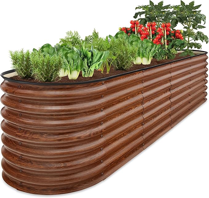 Best Choice Products 8x2x2ft Metal Raised Garden Bed, Oval Outdoor Deep Root Planter Box for Vegetables, Herbs w/ 4 Support Bars, 215 Gal Capacity - Wood Grain