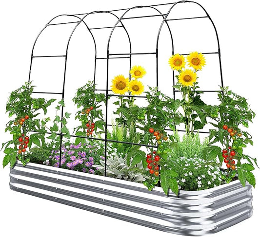 KING BIRD Raised Garden Bed with Arched Trellis Galvanized Planter Garden Box Outdoor for Gardening, Climbing Vegetables, Flowers 7.87x3.94x0.98 Ft, Silver