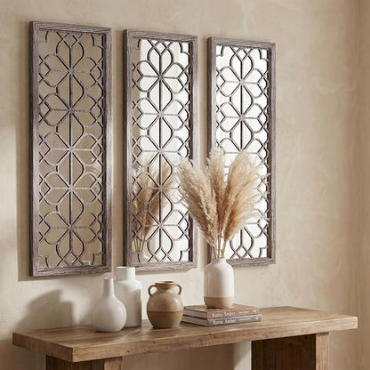 Set of 2 16x41.5 Inch Large Carved Floral Wood Frame Wall Mirrors, Shatterproof by HMANGE