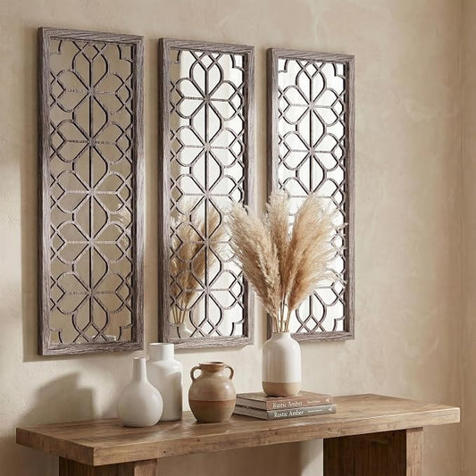 Set of 2 16x41.5 Inch Large Carved Floral Wood Frame Wall Mirrors, Shatterproof by HMANGE