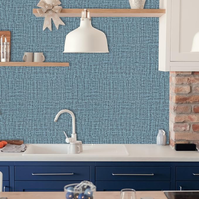 TANONE Blue Contact Paper Peel and Stick 15.8 in X 394 in, Grasscloth Wallpaper - Image 7