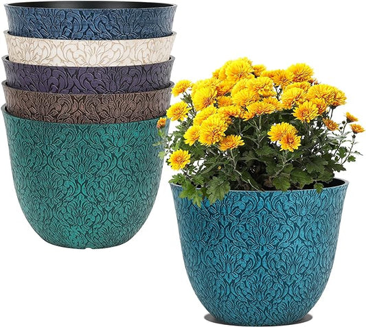 Worth Garden Plastic Round 8" Plant Pots for Indoor Plants - Set of 6 Multicolor Small Flower Pots W/Drainage Hole and Rubber Plug - Home Christmas Decorative planters Retro Floral Pattern