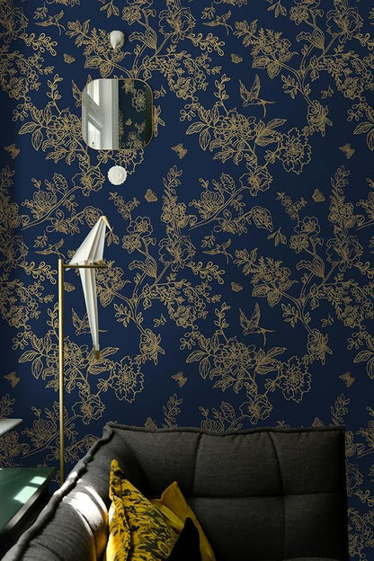 Froluya Dark Blue and Gold Vintage Floral Peel and Stick Wallpaper 17.7"x393.7" - Image 8