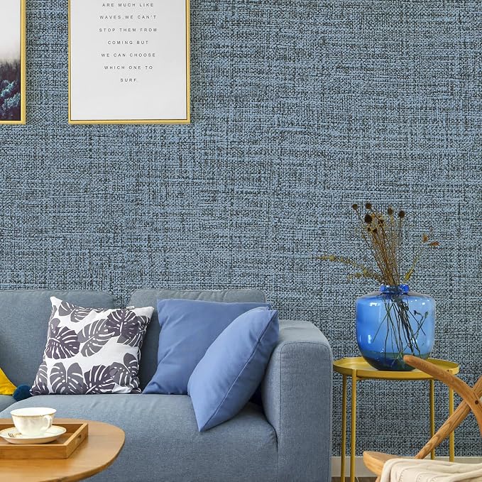 Blue Gray Grasscloth Peel and Stick Wallpaper 17.3"x160" Faux Linen Textured - Image 5