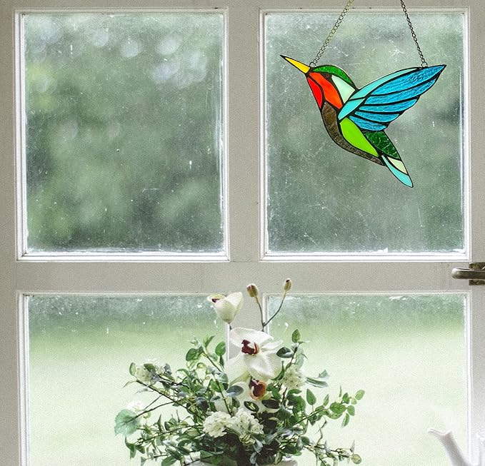 Hummingbird Stained Glass Window Hangings, Birds Stained Glass Decorations,Bird Suncatcher for Window Decor Hummingbird Gifts for Mom,Bird Lovers