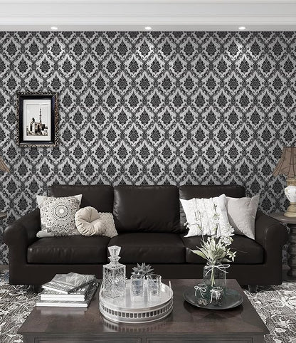 17.7" x 197" Peel and Stick Wallpaper Black Vintage Wallpaper Damask Contact - Image 5