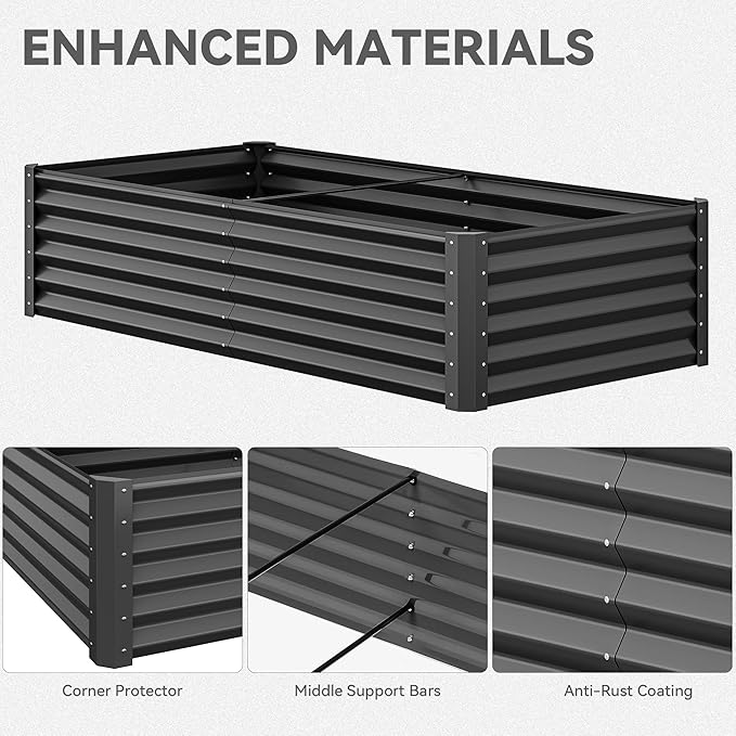 YITAHOME 6x3x1.5ft Large Raised Garden Bed Kit, Galvanized Metal Planter Box with Gloves, Ground Nails, Support Rod, Outdoor Above Ground Planters for Plants Vegetables Flowers, Black