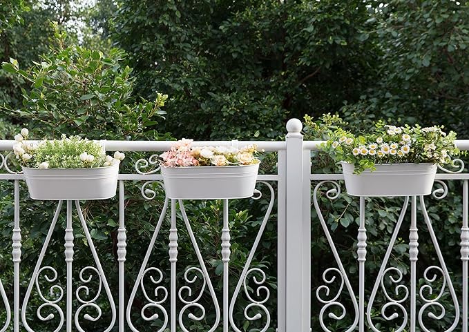 Dahey 3 Pcs Metal Iron Hanging Flower Pots for Railing Fence 15.7 Inch Hanging Bucket Pots Countryside Style Window Flower Plant Holder with Detachable Hooks for Garden Yard Home Decor, White