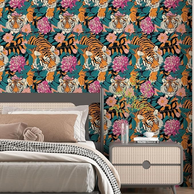 BOKEBEVE Tiger Wallpaper Peel and Stick Vintage Floral Contact Paper Retro Boho - Image 2