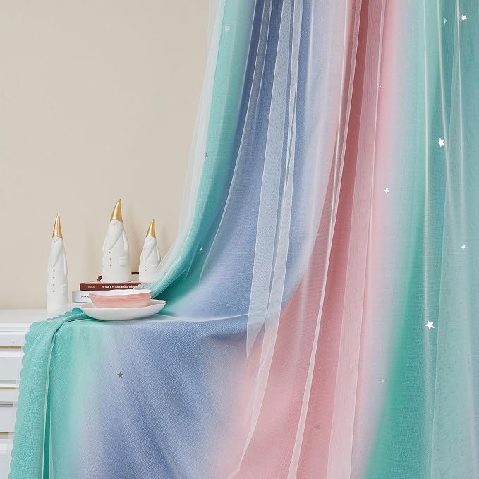 XiDi Curtains for Bedroom Decor, Rainbow Pinkgreen grey34/96 - Image 4