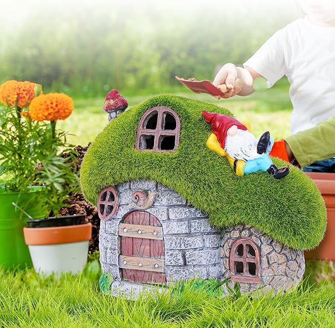 ILLUMINEW House Garden Statues with Solar Lights, LED Cute Flocked Fairy House with Gnomes Garden Figurine, Outdoor Patio Yard Lawn Decorations Gift