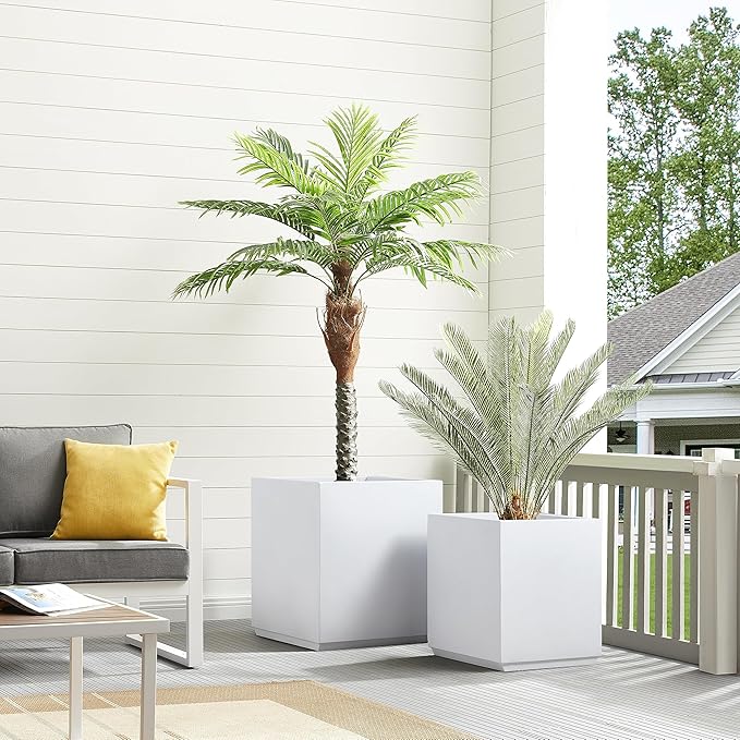 Metallic Heavy Cube Square Planter, No Assembly Required, Seamless Large Outdoor Planter, Tall Plants and Flowers 17'Lx17'Wx20'H 24lbs White