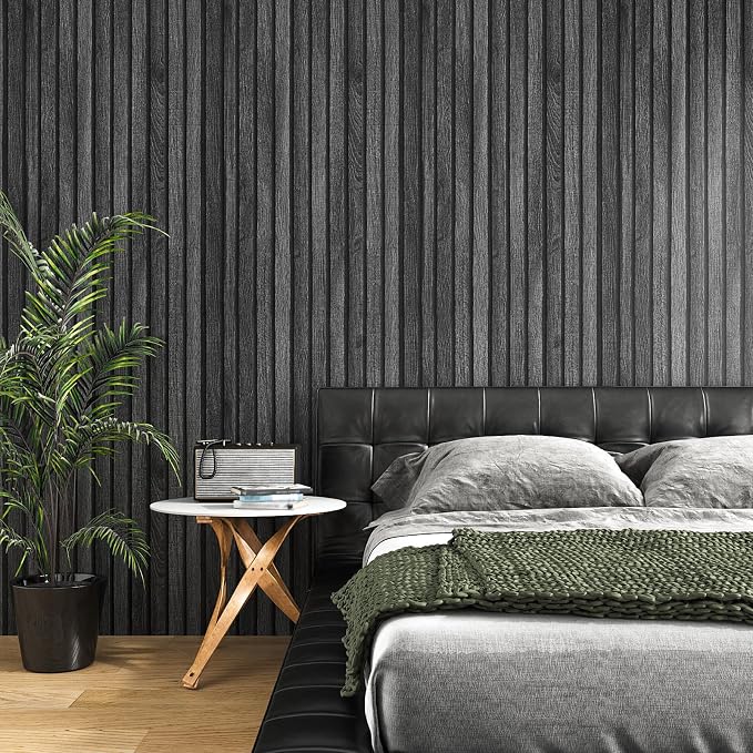 VEELIKE Charcoal Black Wood Slat Wallpaper Peel and Stick Modern Wood Panel - Image 3