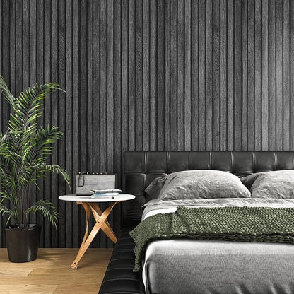 VEELIKE Charcoal Black Wooden Slat Wallpaper Peel and Stick Waterproof Dark - Image 2