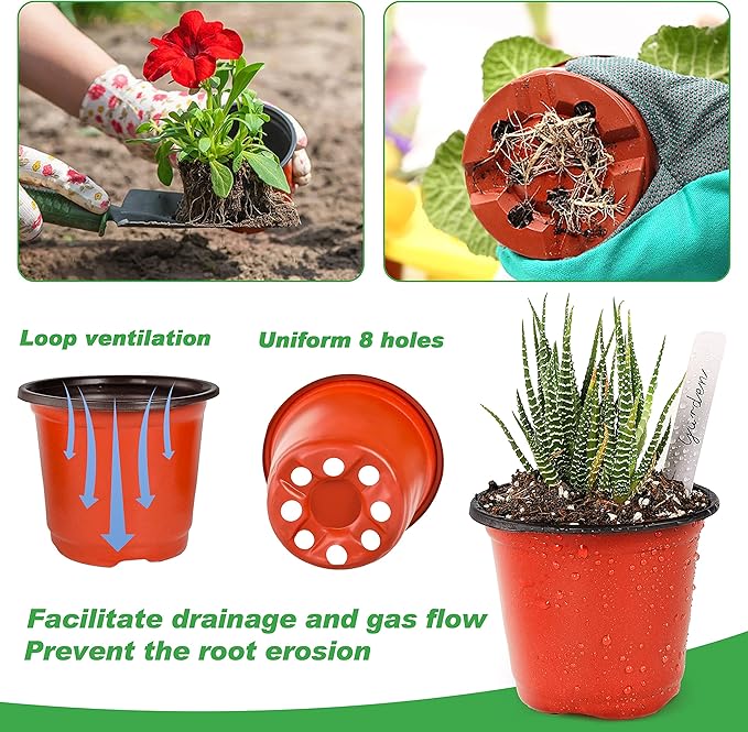 TDHDIKE 4" Small Plastic Plant Nursery Pot/Pots (100pcs Pots and 100pcs Plant Labels) Seedlings Flower Plant Container (Red) Seed Starting Pots Indoor Outdoor