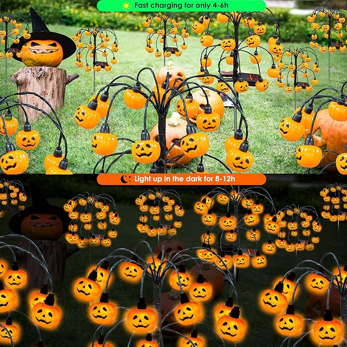 Halloween Decorations, 2 Pack 40LED Solar Halloween Pumpkin Lights Outdoor Waterproof Halloween Solar Garden Lights Swaying Firefly Lights for Yard Garden Patio Party Decor Orange