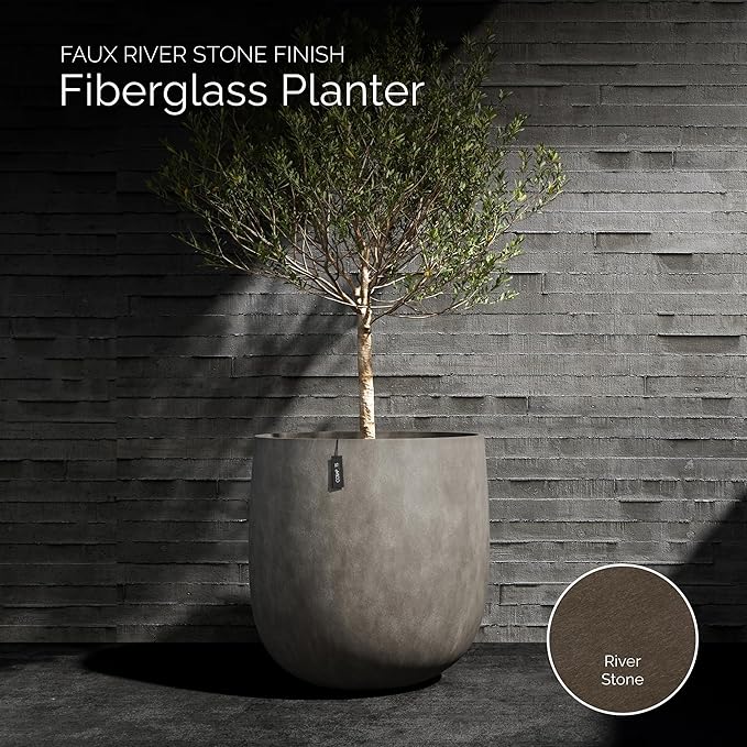 Mondo Large Planter – River Stone Finish – Fiberglass Indoor/Outdoor and Weather-Resistant Round Planter (26" D x 24" H Exterior, 24.6" D x 24" H Interior)