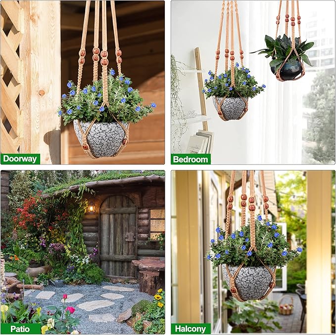 Macrame Plant Hanger for 5 to 10 Inch Plant Pots, Set of 2 Indoor Handmade 35 Inch Woven Rope Hanger Kits with Hooks and Wood Beads, Hanging Planter Basket Holder for Boho Home Decor (Brown, 2 Pack)