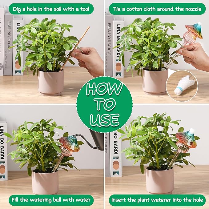 Plant Watering Globes Mushroom, Rainbow Gradient Color Glass Watering Bulbs, Self Watering Planter Insert, Self Watering Globes - Plant Watering Devices for Travel Vacation (4 PCS)