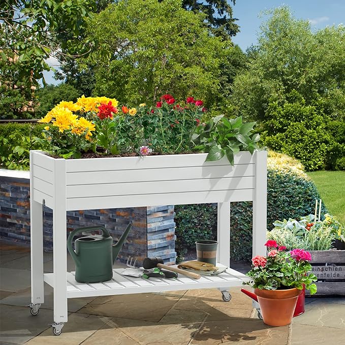 YITAHOME 3.6x1.5x2.8 FT Elevated Garden Bed Kit with Legs and Wheels, Outdoor Large Resin Planter Box Stand with Drain Plug and Storage Shelf for Plants Vegetables Fruits, Grayish-White