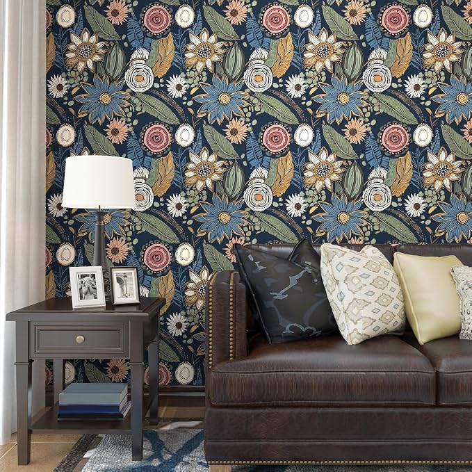 Boho Wallpaper Peel and Stick, Dark Vintage Floral Contact Paper, 17.5" x 197" - Image 4