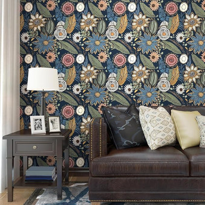 Boho Wallpaper Peel and Stick, Dark Vintage Floral Contact Paper, 17.5" x 197" - Image 4