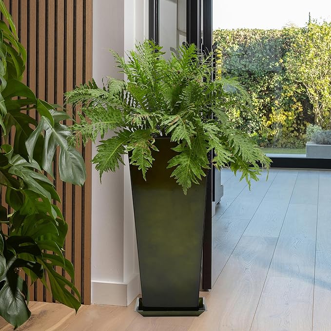 WORTH Garden 28" Large Metal Glazed Planter Set of 2, Luxurious Glossy Finish Green Tall Square Tapered Steel Plant Pots, Decor Flower Pot Indoor & Outdoor, Drainage Hole & Dual-Purpose Plant Saucer