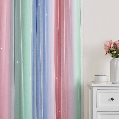 XiDi Curtains for Bedroom Decor, Rainbow Pink GreenBlue34/54/1 - Image 3