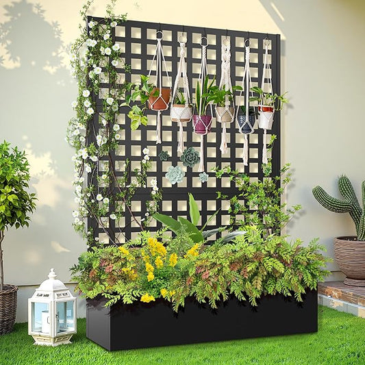 Metal Raised Garden Bed, Trellis Planters Bed with Drainage Holes for Climbing Plants, Vegetables Outdoor Privacy Screen with Planter Box 73"x47"x16", Black
