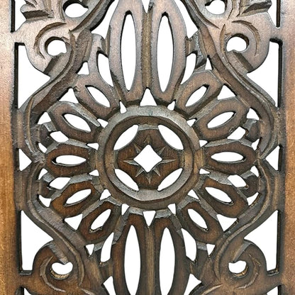 Floral Hand Carved Wooden Wall Panels Set of 2, Rustic Brown Decorative Wall Art - Image 7