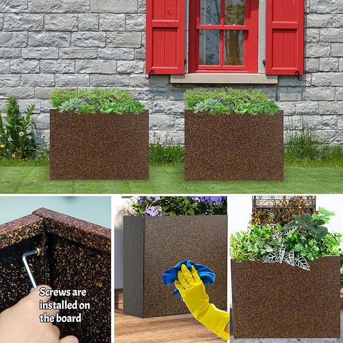 Metal Planter Box Rectangular Planter, 35.5" Lx 10" Wx 28" H Terrazzo Brown Large Planters with Drainage Holes, Galvanized Steel Tall Planters for Patio/Porch