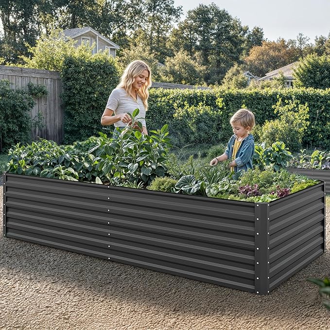 YITAHOME 96x48x24 in 2pcs Galvanized Raised Garden Bed Kit, Large Metal Planter Box with Gloves, Safety Rubber & Support Rod, Outdoor Flower Bed for Plants Vegetables, Black