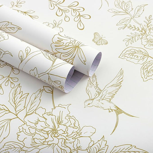 Froluya Cream White and Gold Floral Wallpaper Peel and Stick Wallpaper by Froluya