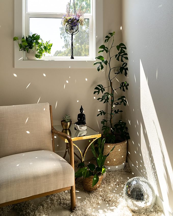 Hanging Disco Ball Planter 8" - with Acrylic Stand and Macrame Plant Hanger - Home Décor, Room Décor, Mirror Disco Planter, Disco Decor (10" with Base)